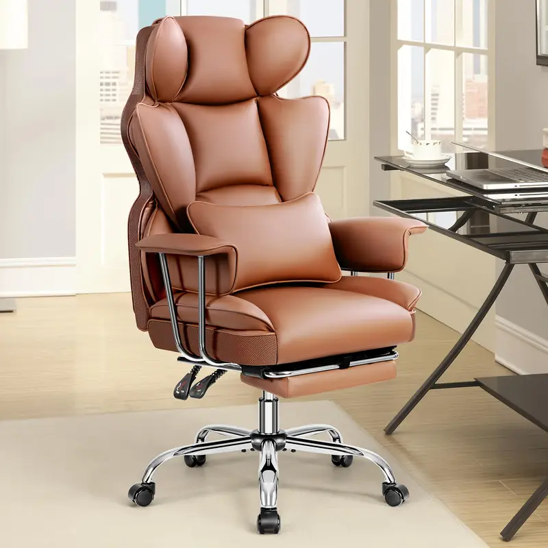 Plus-Size Executive High-Back Leather Actflame Premium Ergonomic Office Chair With Enhanced Lumbar Support & Integrated Footrest - Perfect Fit For Spacious Homes & Offices