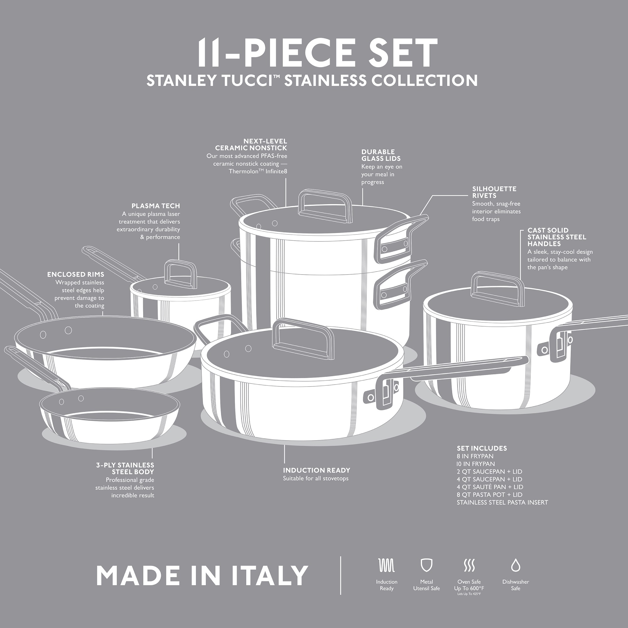 GreenPan™ Stanley Tucci™ Stainless-Steel Ceramic Nonstick 11-Piece Cookware Set