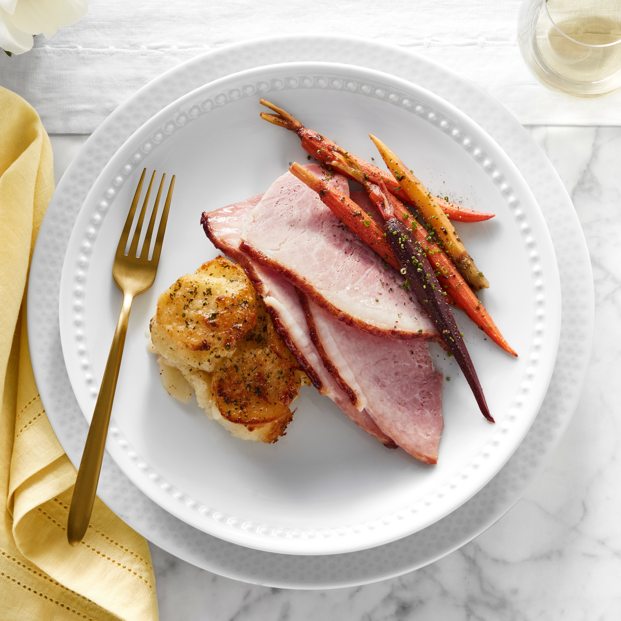 Pillivuyt Plisse Gold Porcelain Dinner Plates, Set of 4