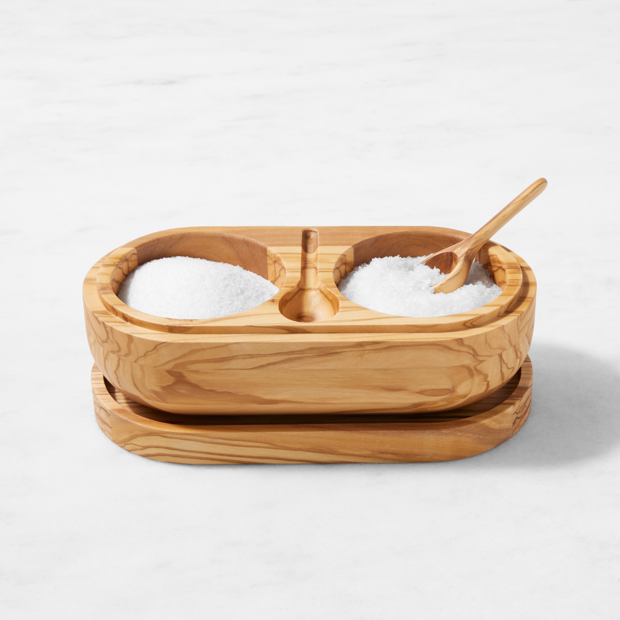 Williams Sonoma Olivewood Double Salt Cellar with Spoon