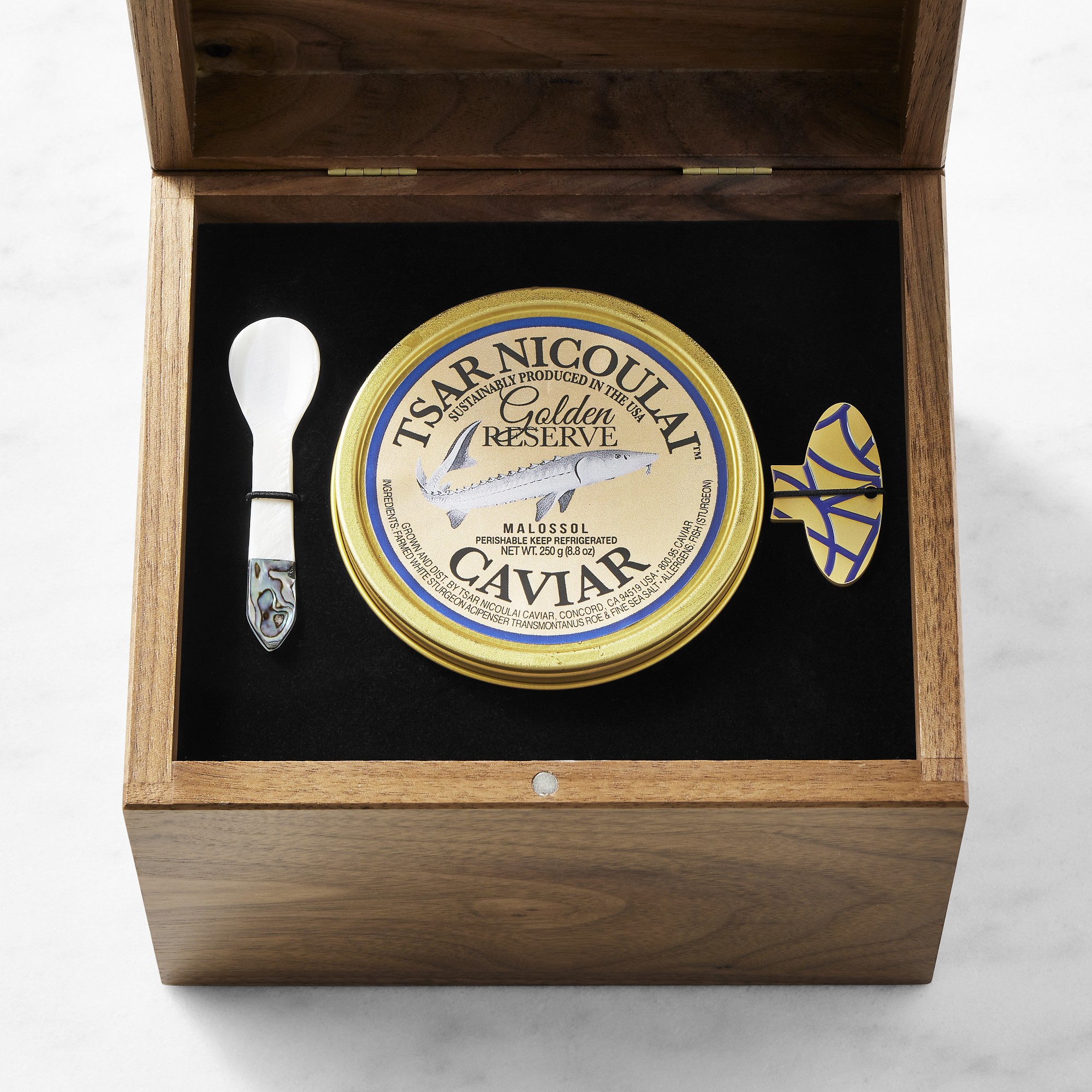 Tsar Nicoulai Golden Reserve Caviar with Custom Walnut Wood Gift Box, 8.82-Oz