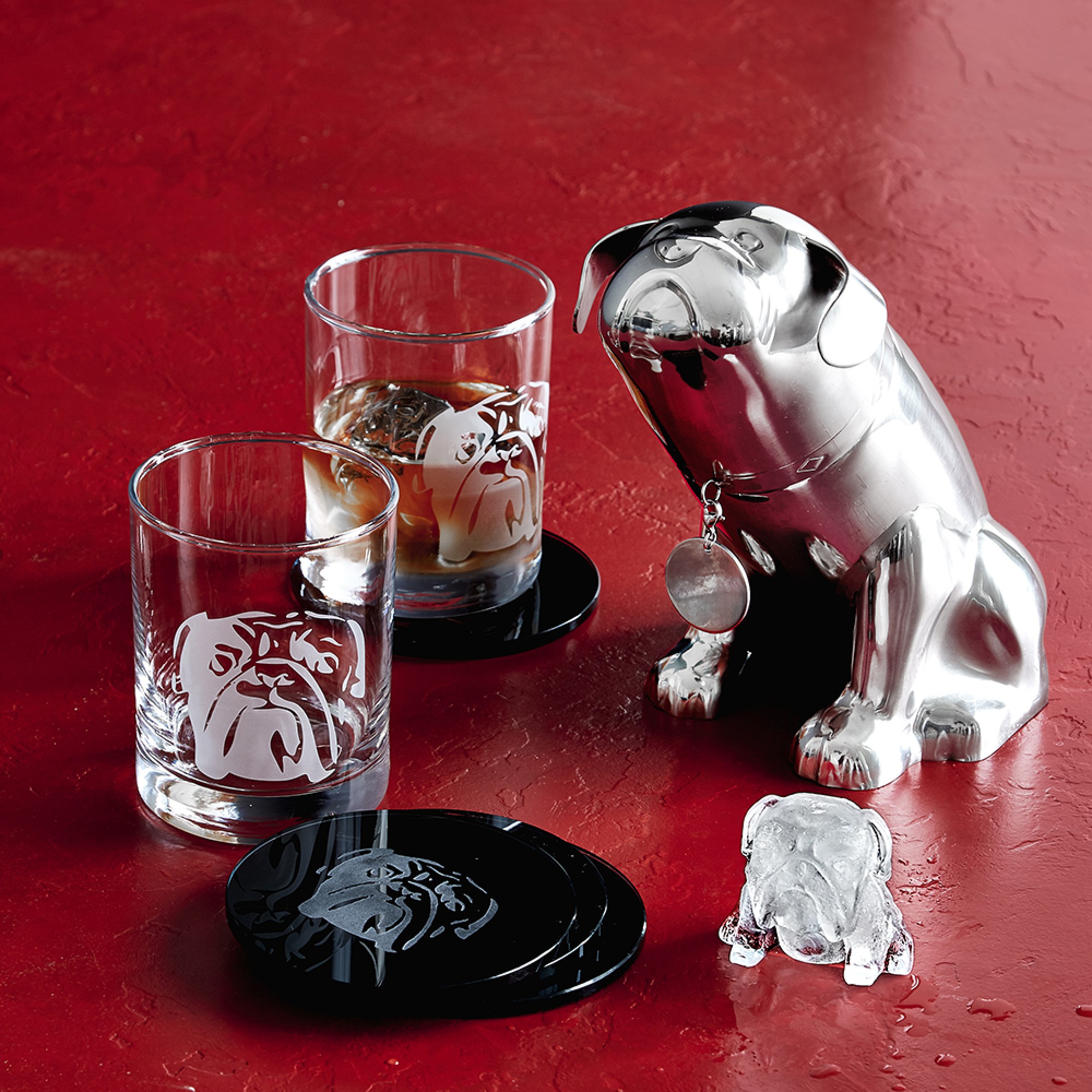 Williams Sonoma Bulldog Etched Glass & Ice Mold Set