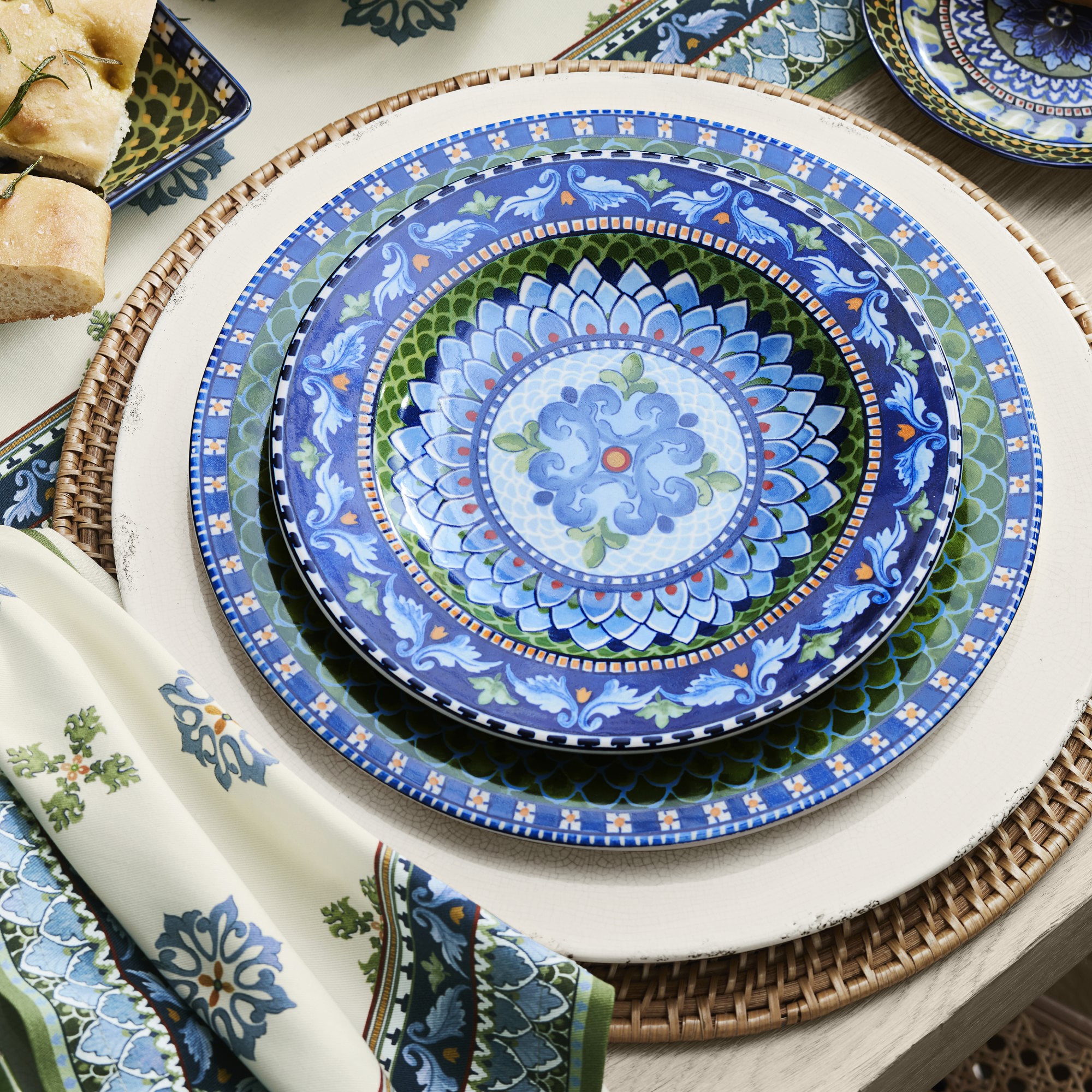 Sicily Ceramic Mixed Appetizer Plates, Set of 4, Blue & Green