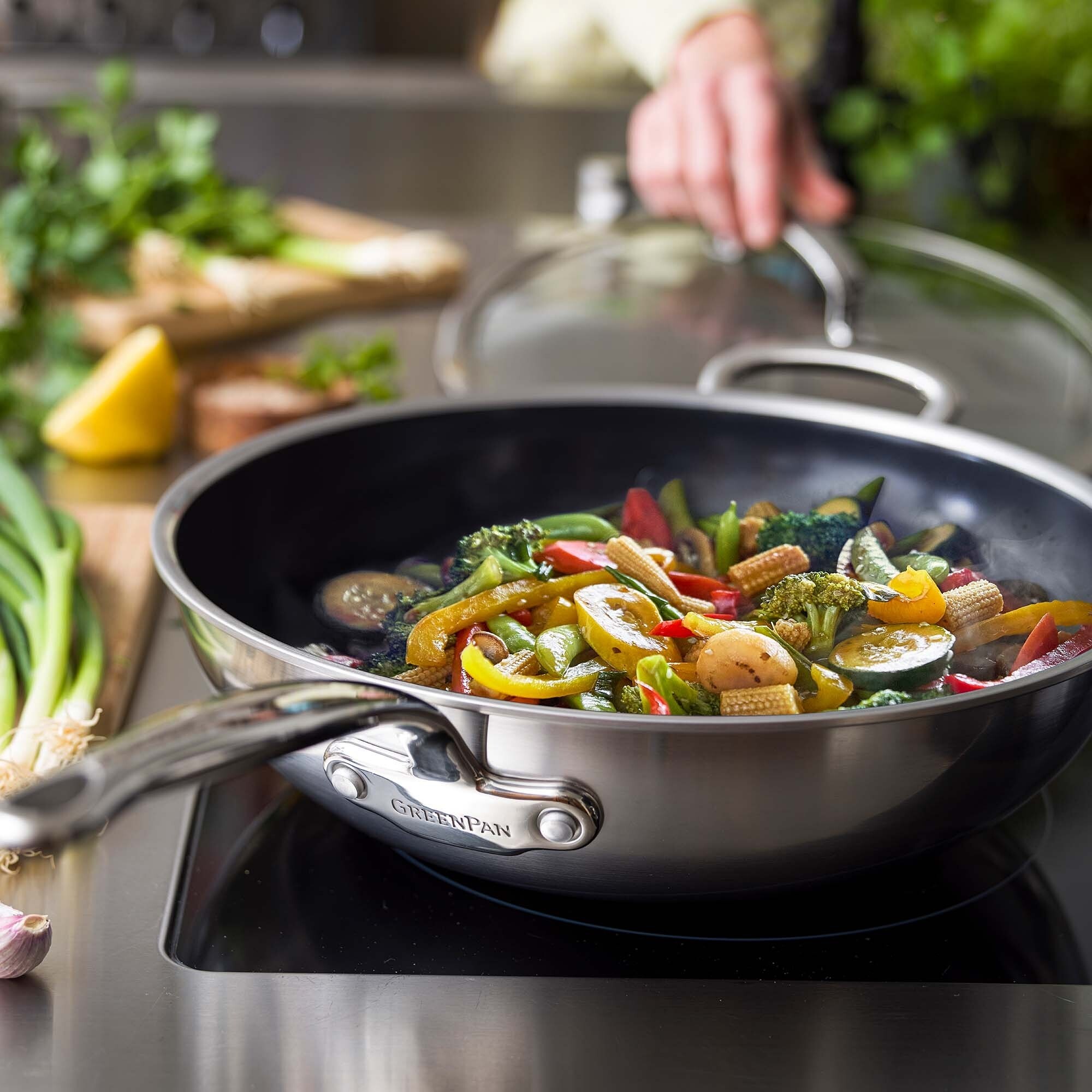 GreenPan™ Premiere Stainless-Steel Ceramic Nonstick Covered Wok with Helper Handle, 12