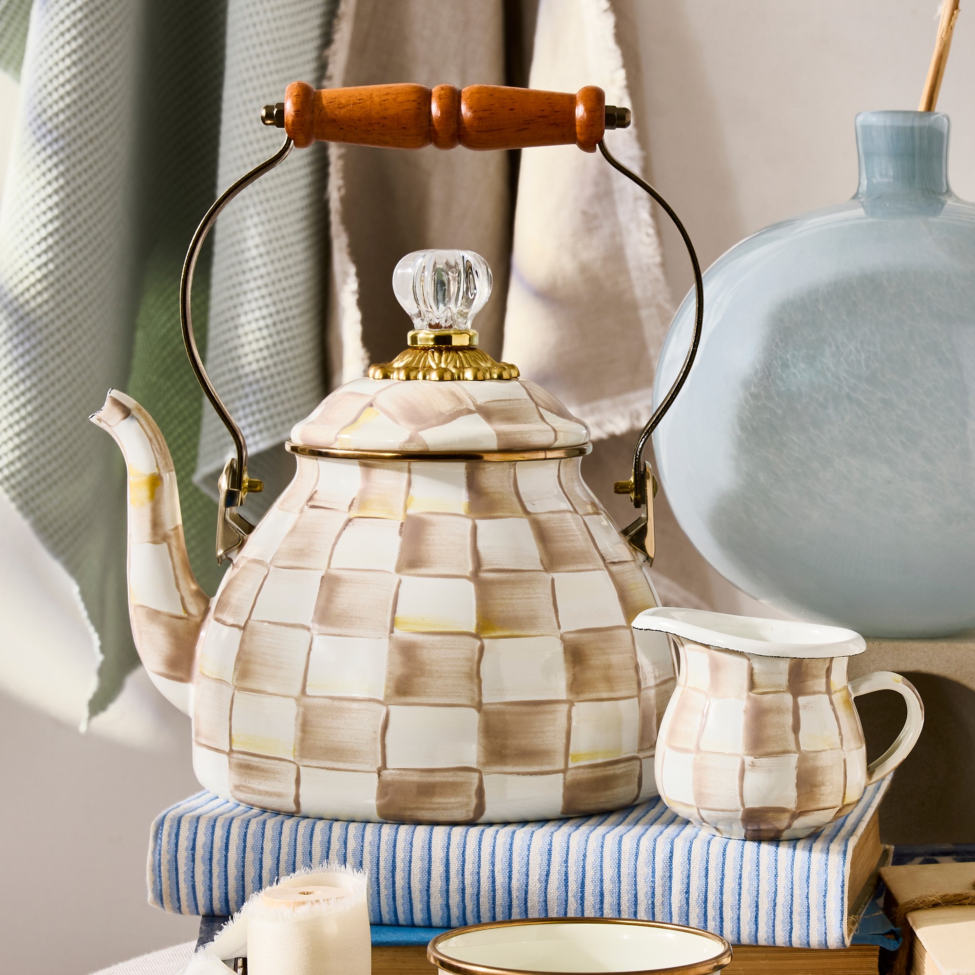 MacKenzie-Childs Mocha Check Tea Kettle
