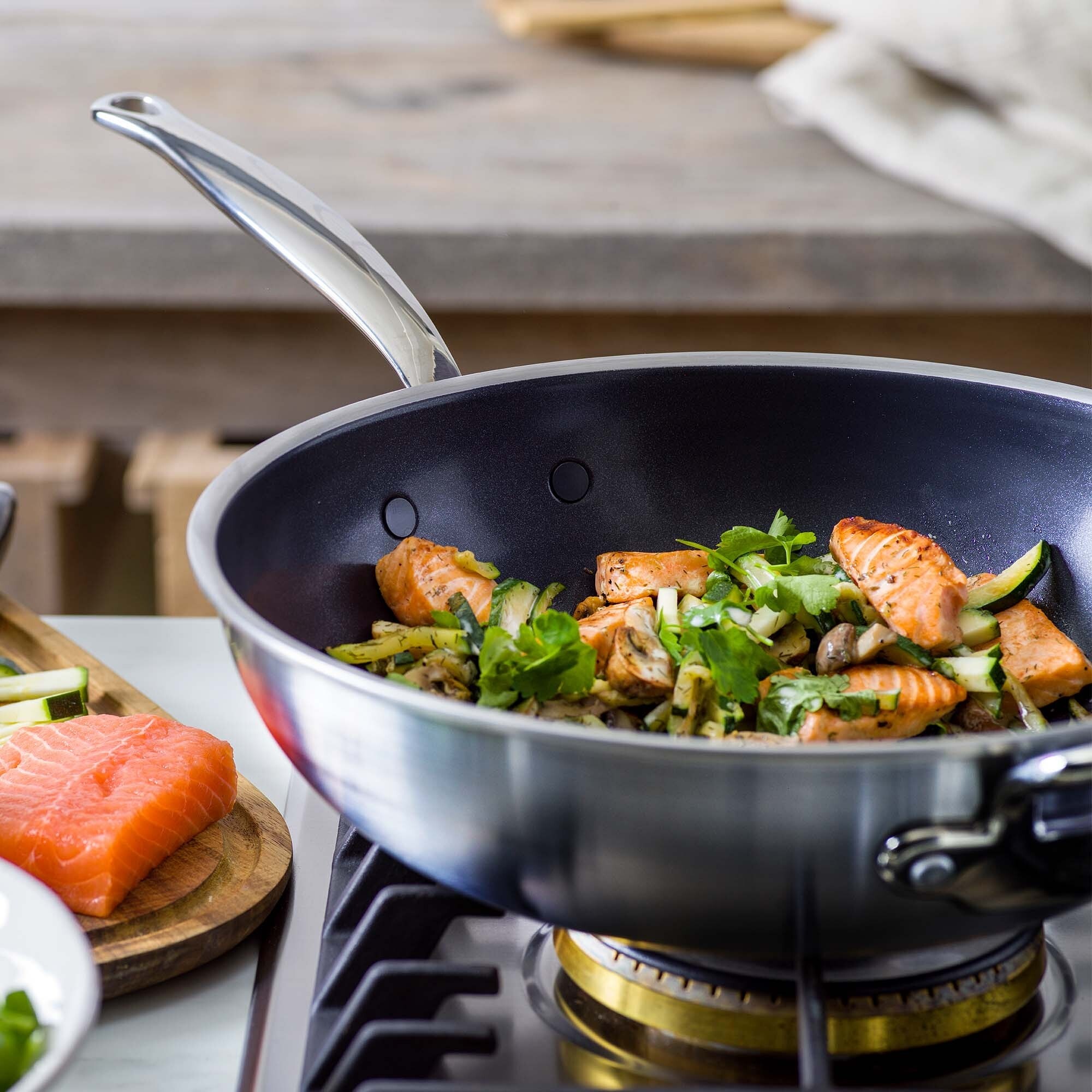 GreenPan™ Premiere Stainless-Steel Ceramic Nonstick Covered Wok with Helper Handle, 12