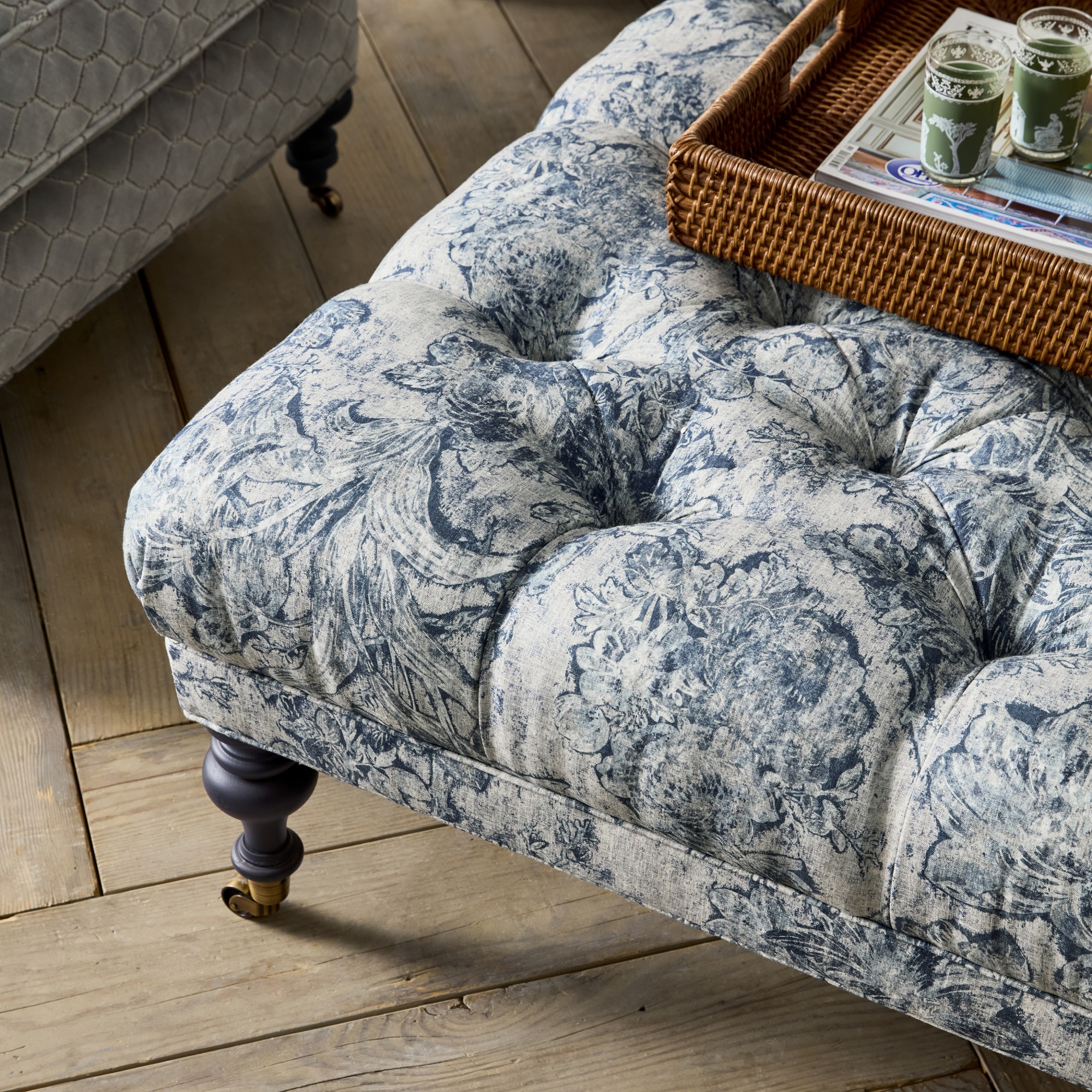 Sanderson x Giles Deacon Fairfax Bench Ottoman, Turned Leg with Tufted Top (26