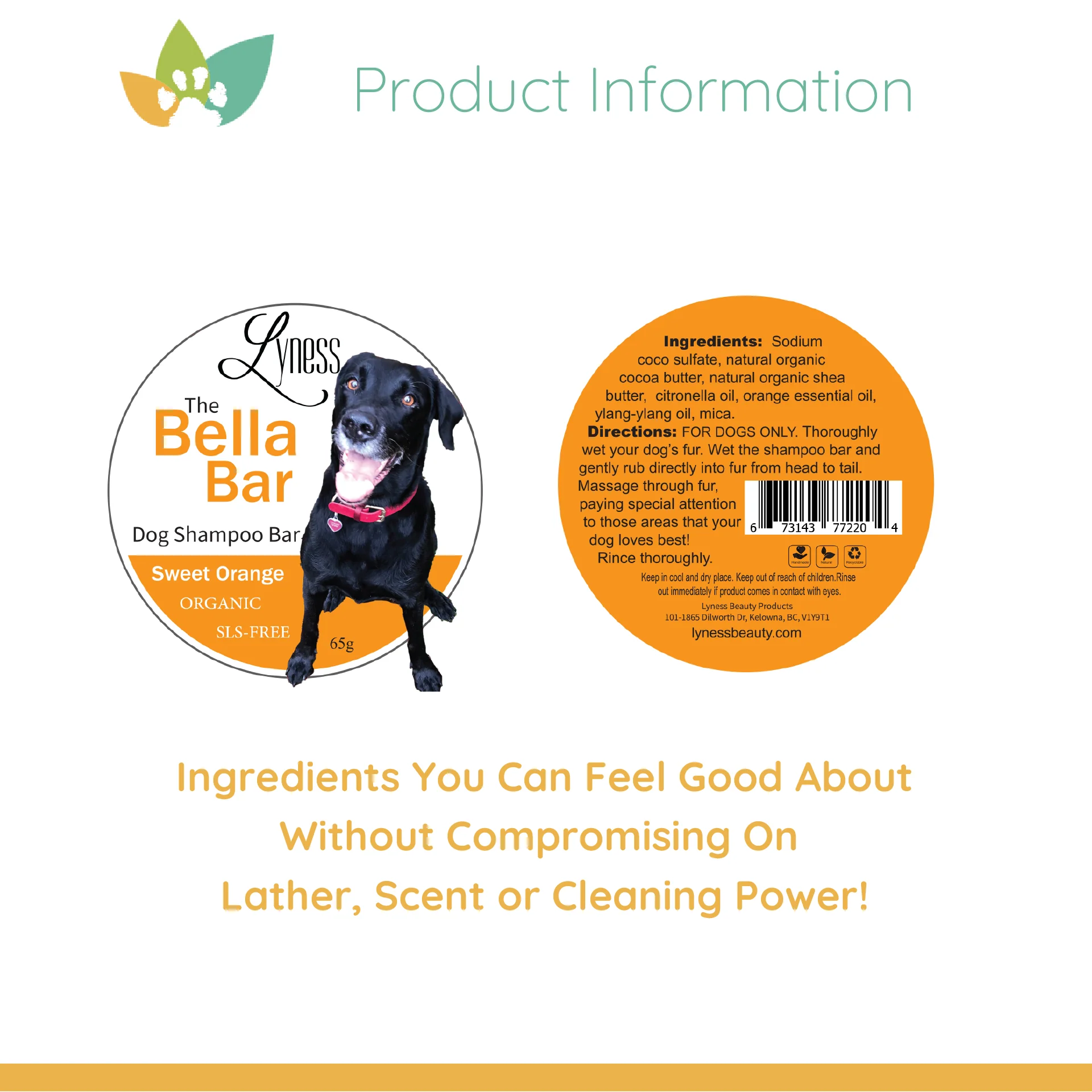 Bella Bar - Sweet Orange Scent | Pet Shampoo Bar | Eco-friendly | SLS Free | Rich Lather | For Dogs Only