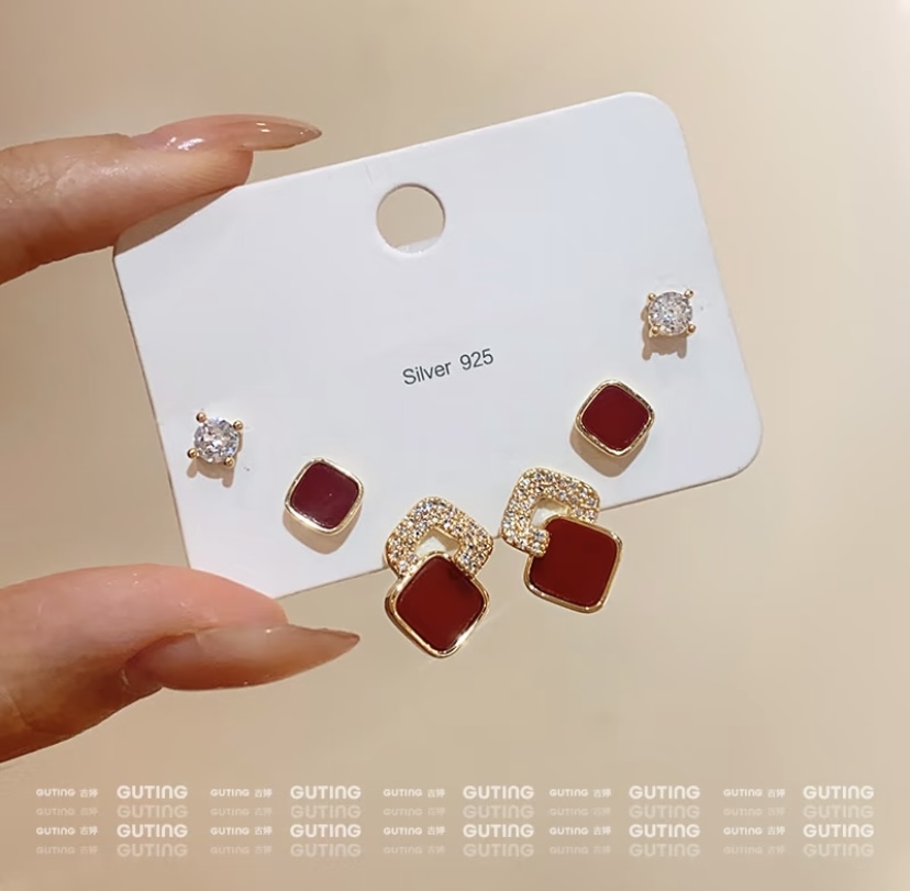 19039 (6-piece set) Versatile geometric earring, fashionable stud earrings, plain ring, New Year Red Autumn and Winter earrings