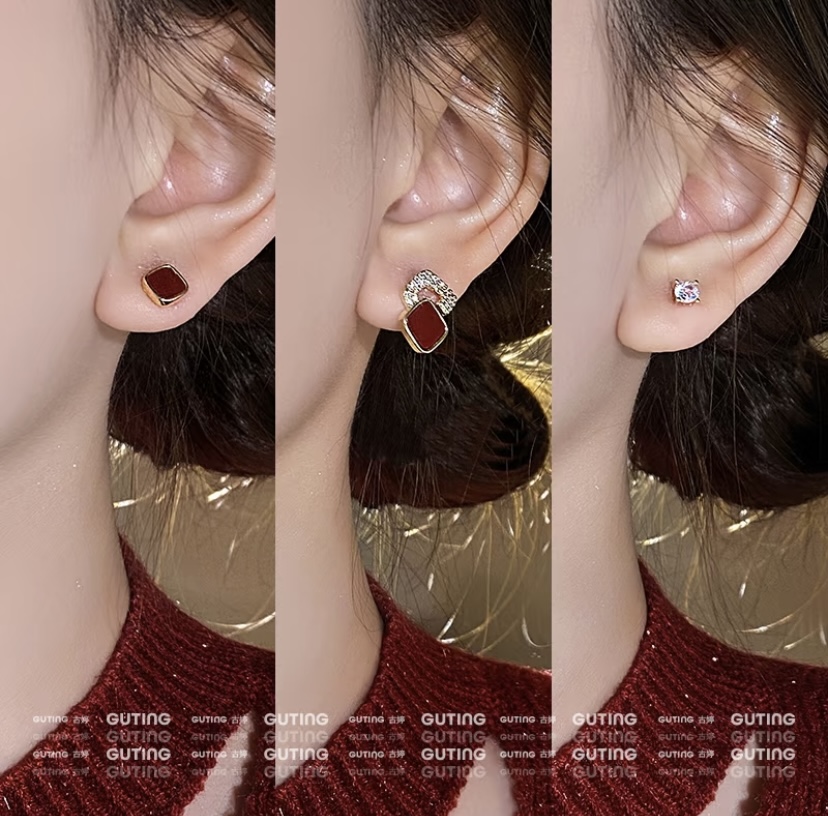 19039 (6-piece set) Versatile geometric earring, fashionable stud earrings, plain ring, New Year Red Autumn and Winter earrings