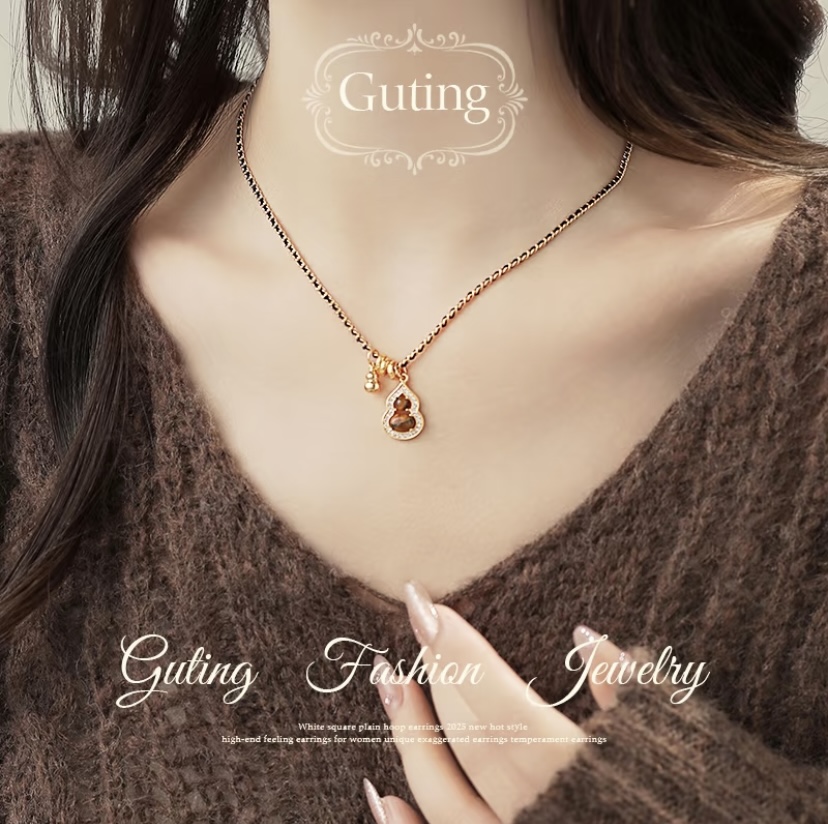 7069 Fu Lu Man Man New Chinese-style Slightly inlaid Sparkling Gourd Necklace, Women's high-end sweater chain, New Chinese-style jewelry