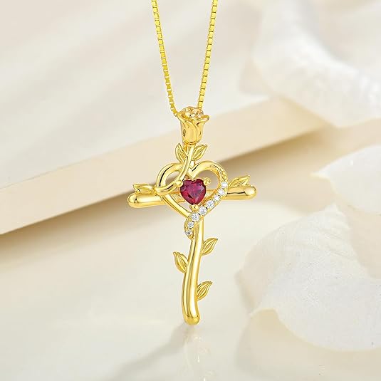 Rose Cross Necklace - Heart-shaped Cross Pendant - Birthstone Jewelry - Women's Style