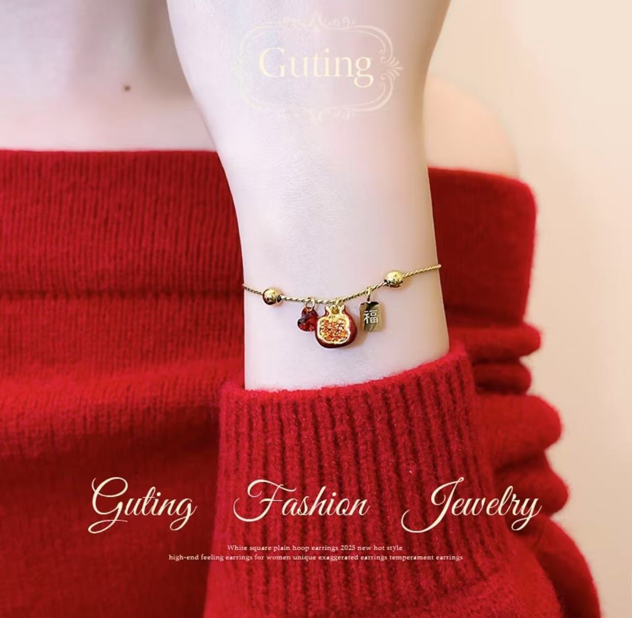 Red pomegranate heart-shaped rebranded bracelet for women, a high-end, light luxury new Chinese-style exquisite New Year's jewelry