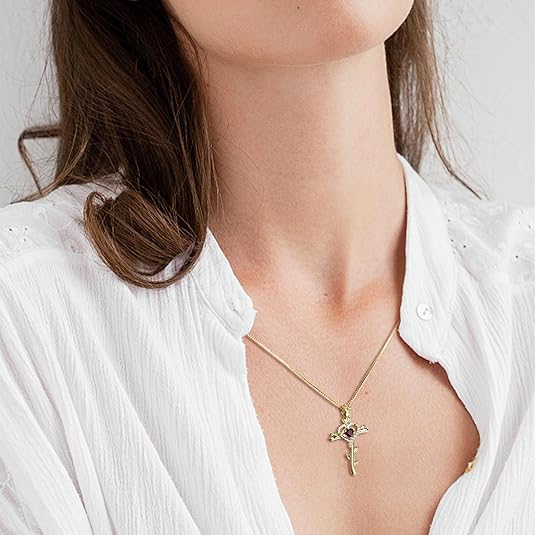 Rose Cross Necklace - Heart-shaped Cross Pendant - Birthstone Jewelry - Women's Style