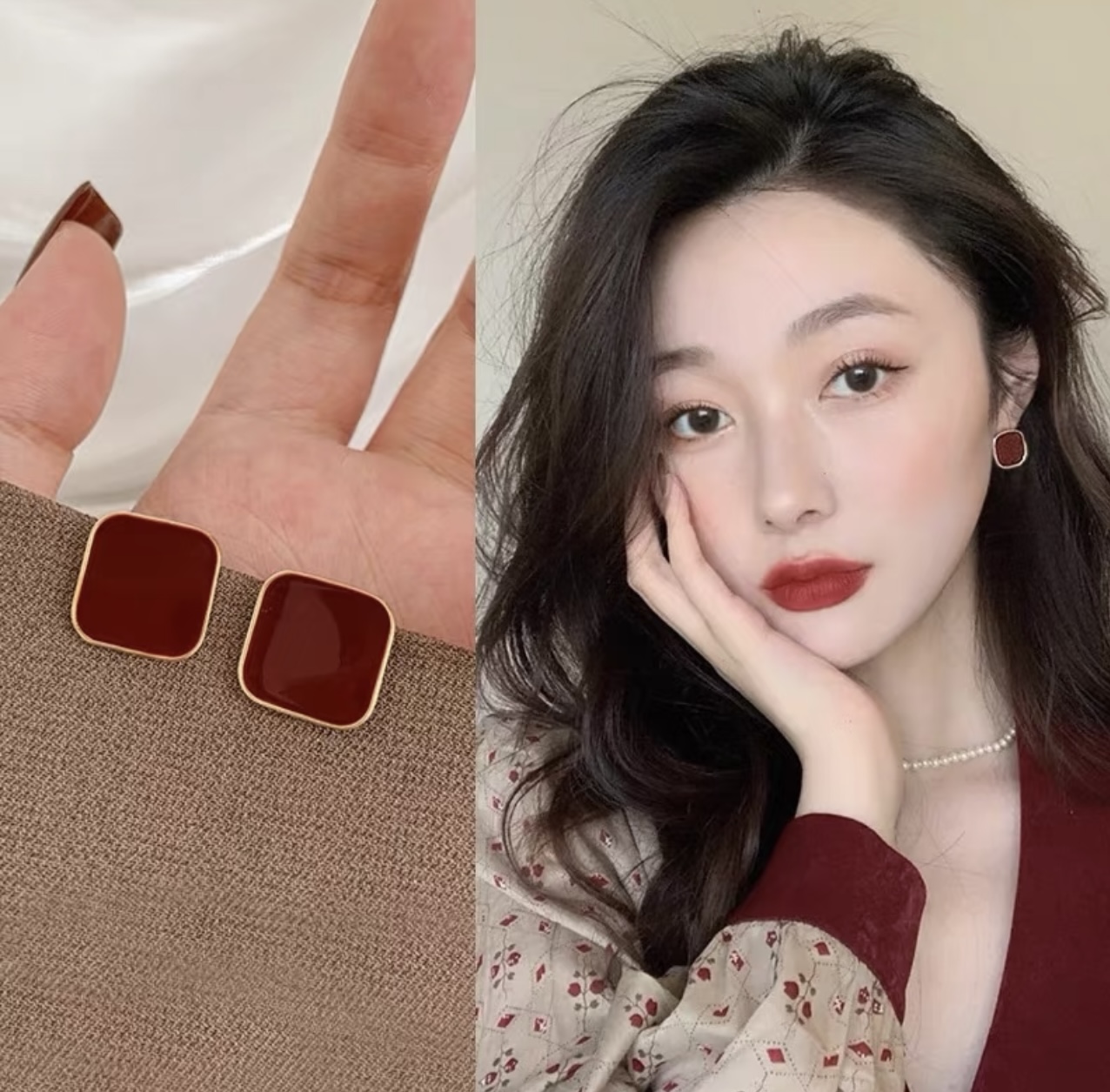 Genuine white wine and red camellia flower earrings, handcrafted red earrings, a niche and high-end style, fresh and delicate stud earrings