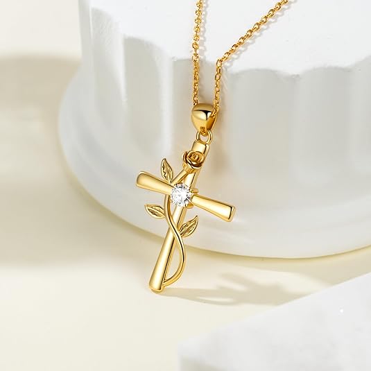 Lady's Cross Necklace - Exquisite Religious Cross Pendant with Square Crystal Ruby Rose Flower Necklace - Birthday Anniversary Gift for Jewelry for Ladies' Girlfriend