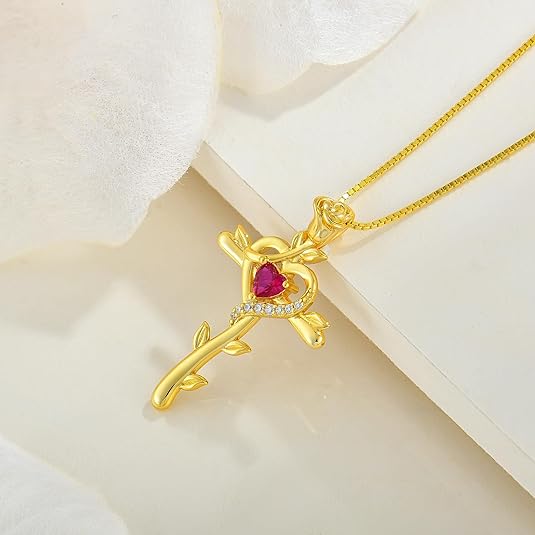 Rose Cross Necklace - Heart-shaped Cross Pendant - Birthstone Jewelry - Women's Style
