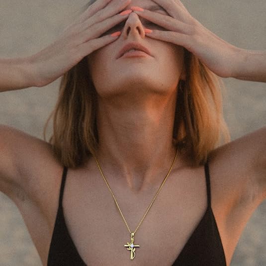 Lady's Cross Necklace - Exquisite Religious Cross Pendant with Square Crystal Ruby Rose Flower Necklace - Birthday Anniversary Gift for Jewelry for Ladies' Girlfriend