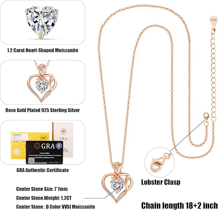 Rose heart-shaped necklace, morganite necklace, girlfriend's necklace, for wife, mother's birthday, anniversary gift