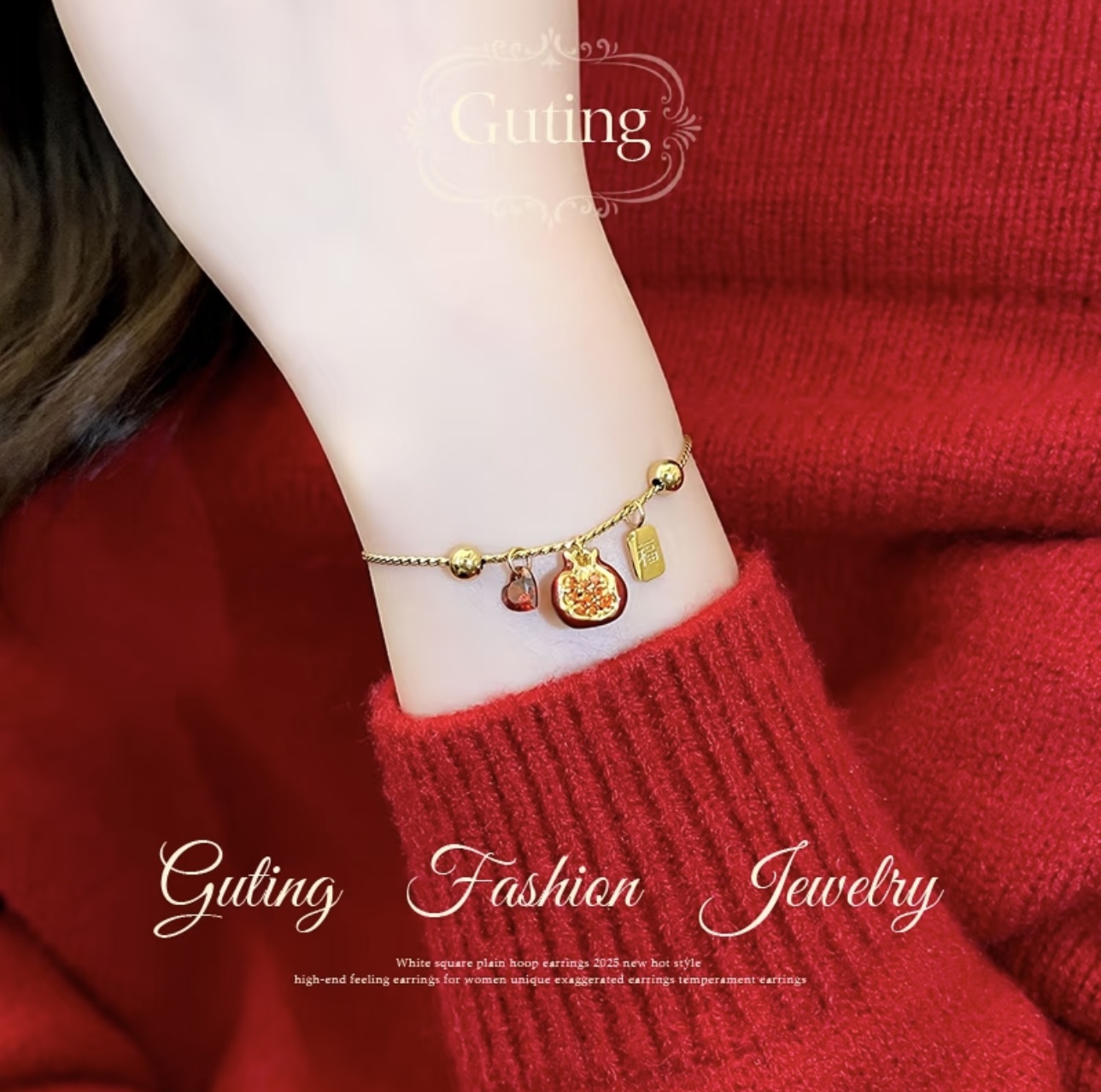 Red pomegranate heart-shaped rebranded bracelet for women, a high-end, light luxury new Chinese-style exquisite New Year's jewelry
