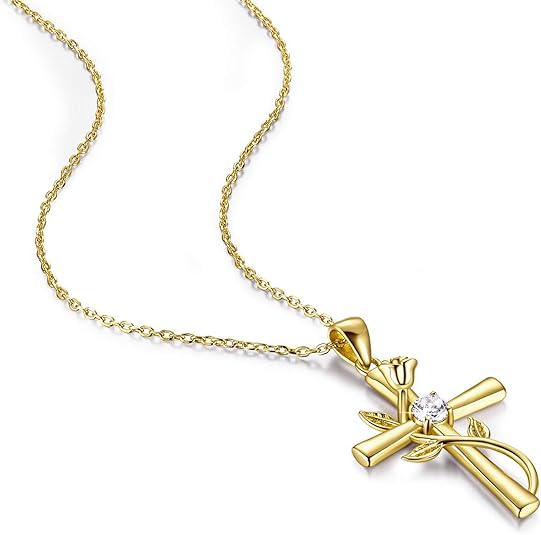 Lady's Cross Necklace - Exquisite Religious Cross Pendant with Square Crystal Ruby Rose Flower Necklace - Birthday Anniversary Gift for Jewelry for Ladies' Girlfriend