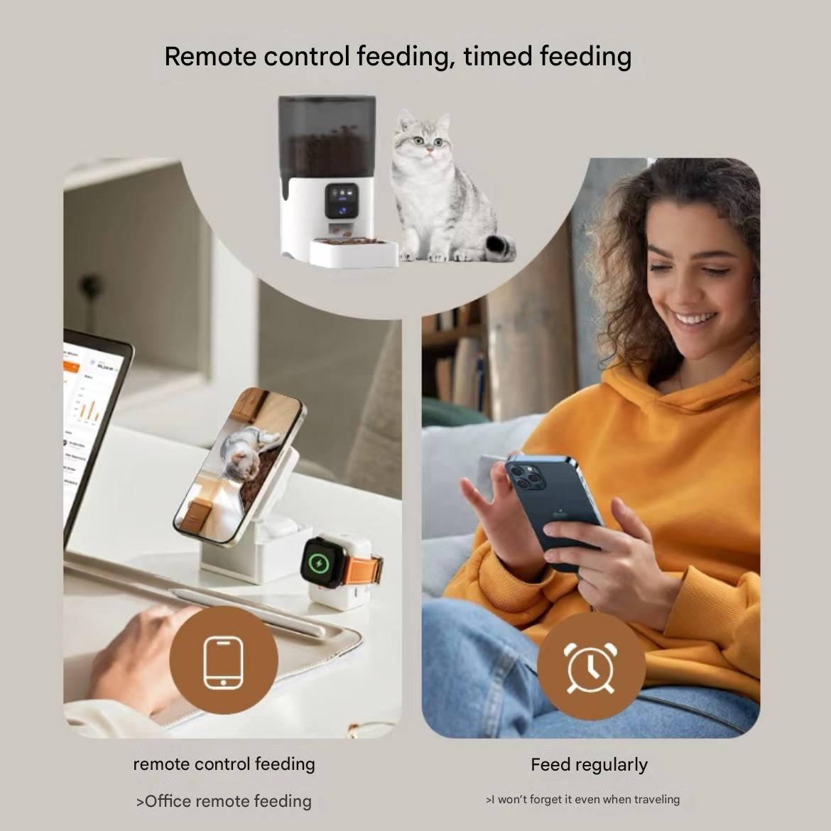 Video-enabled automatic feeder for cats - real-time monitoring of feeding machine for pet cat food and dog food feeding machine - visible feeding bowl