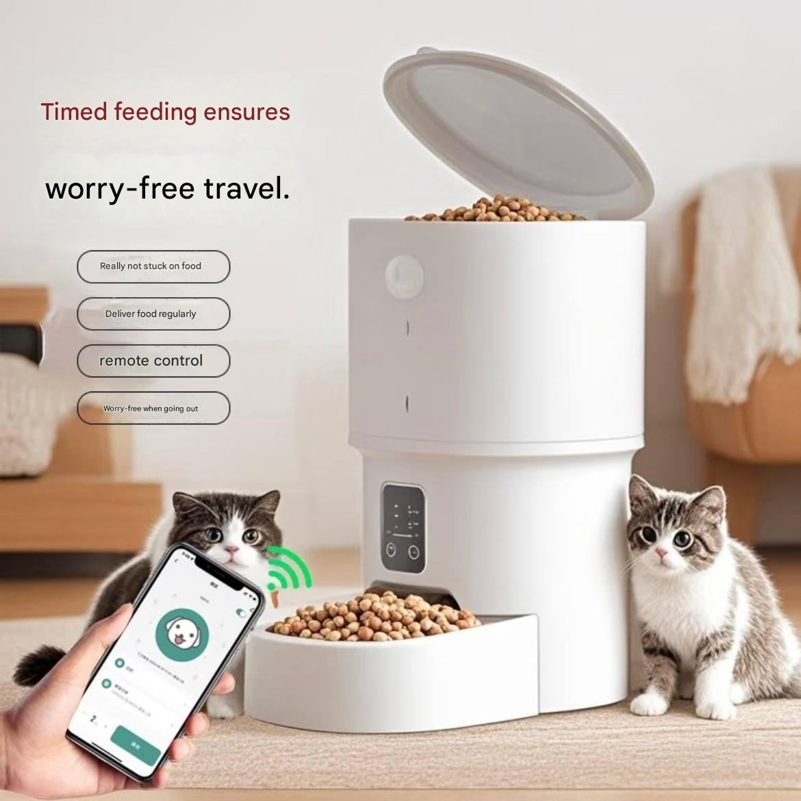 Pet automatic feeder - intelligent cat food and dog food dispenser with timer and scale, equipped with Wi-Fi remote control for automatic feeding.