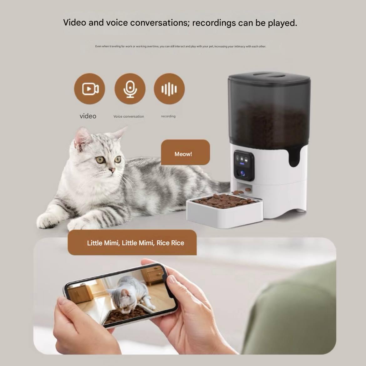 Video-enabled automatic feeder for cats - real-time monitoring of feeding machine for pet cat food and dog food feeding machine - visible feeding bowl