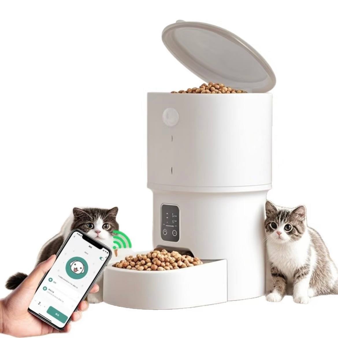Pet automatic feeder - intelligent cat food and dog food dispenser with timer and scale, equipped with Wi-Fi remote control for automatic feeding.