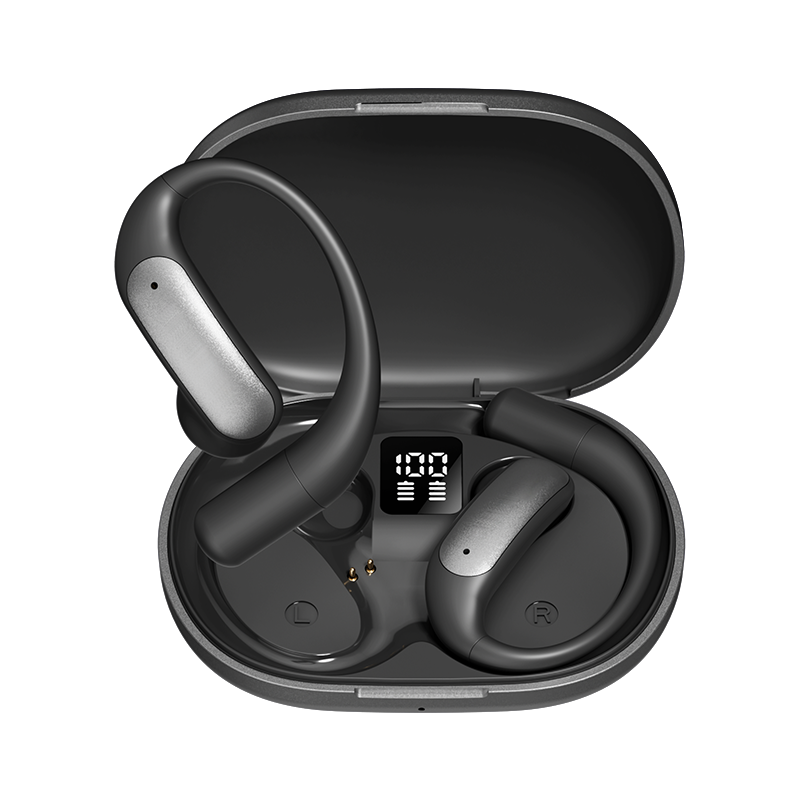 New model of running sports wireless headphones, with ear hooks, pure bass wireless earphones, LED display, noise-canceling earplugs with built-in microphones.