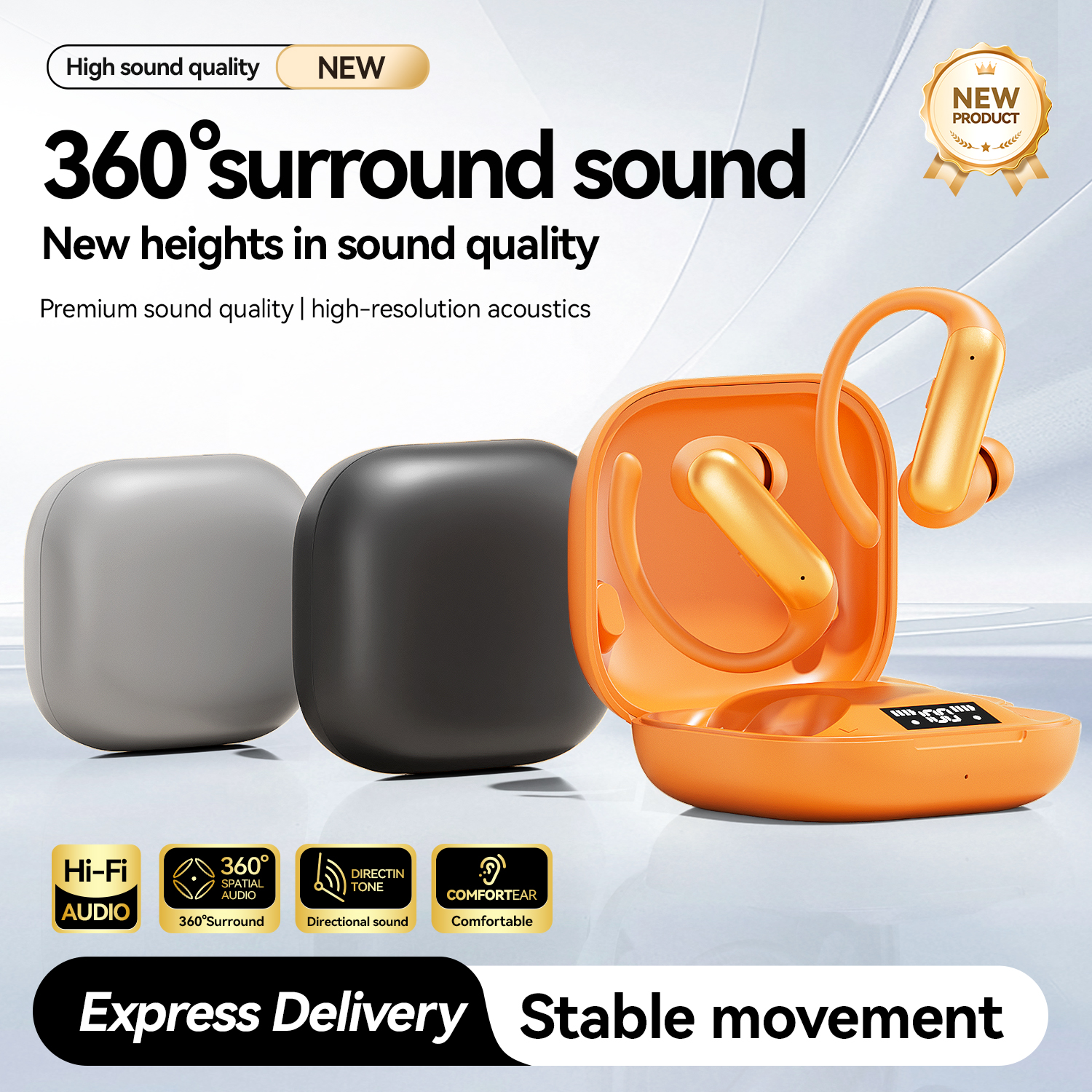 AI language translation headphones, with a digital display screen, 360° panoramic sound effect, support for Bluetooth 6.0, wireless noise reduction, volume control, quick charging, compatible with mobile phones and game consoles