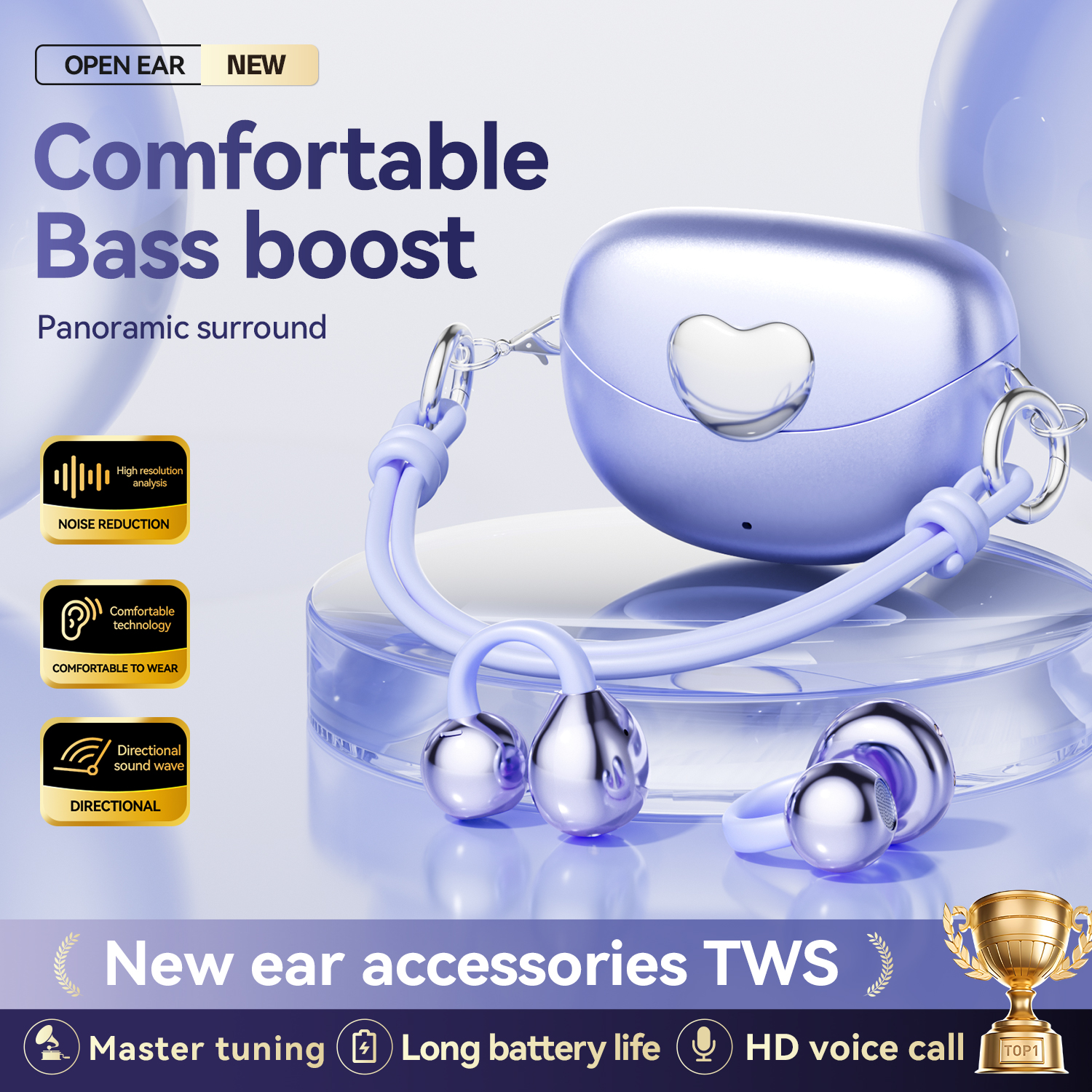 Open translation earpiece - AI call noise reduction - Built-in capacitive microphone - Recommended as a Christmas gift/valentine's gift - Fashionable appearance - Compatible with multiple devices (mobile phones/tablets/laptops) - With charging case