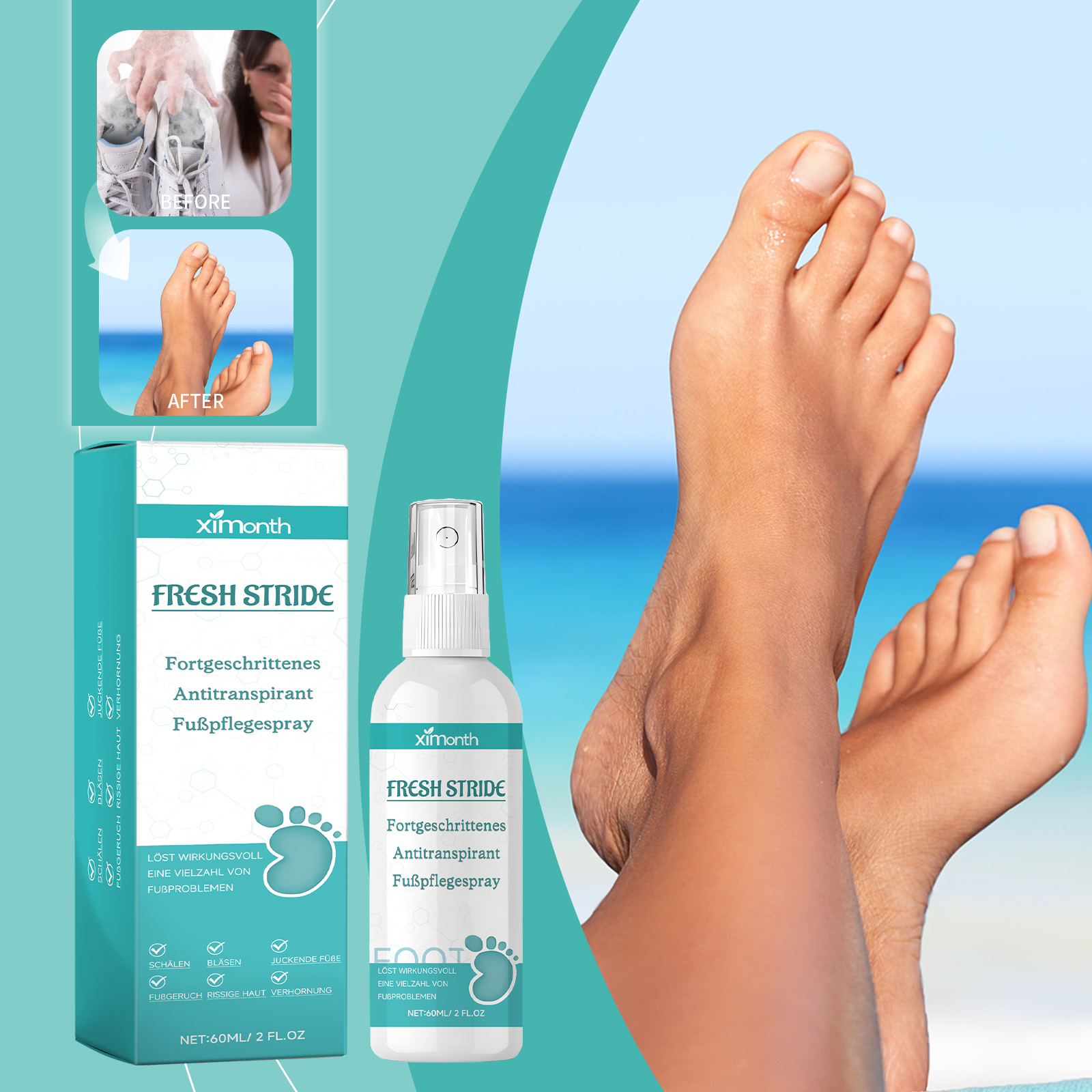 Foot deodorant spray - Quickly stops sweating, eliminates foot odor, improves foot sweat and provides long-lasting freshness. Care spray.