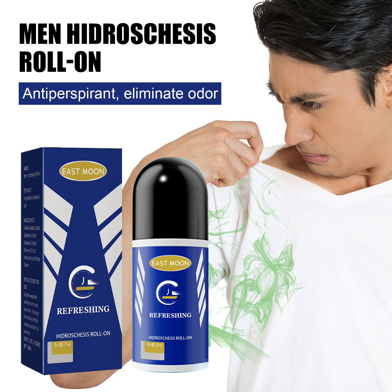 Men's Antiperspirant Roll-On: Removes body odor from armpits, provides refreshing and long-lasting fragrance, and effectively reduces sweating.