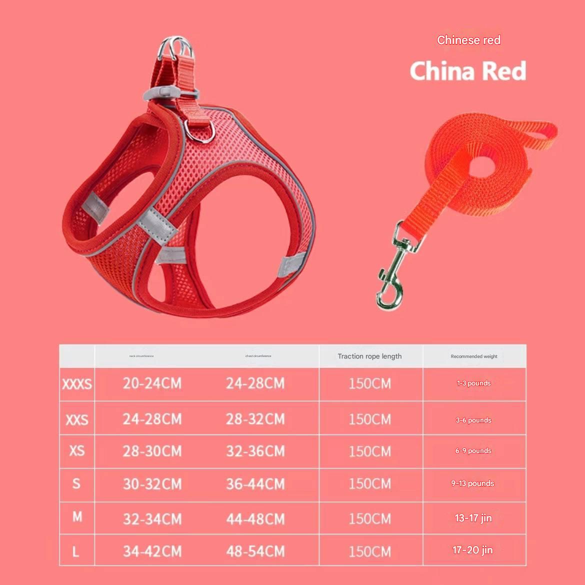 Vest-style pet chest harness leash set - Mesh breathable reflective dog walking rope - Dog and cat supplies