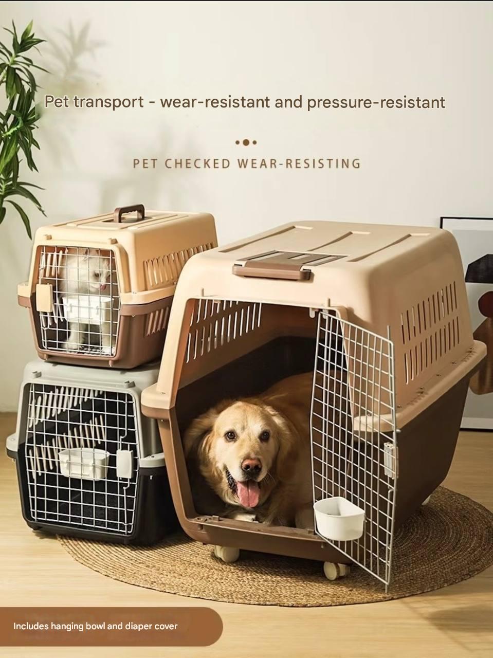 Pet airline crate - a must-have for safe and comfortable travel for cats and dogs. Universal portable and breathable airline luggage for pets. Specialized cage for airline transportation.