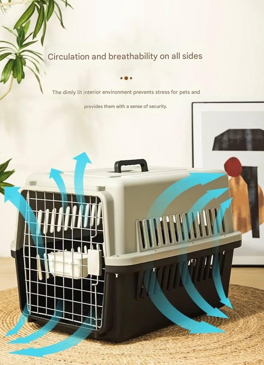 Pet airline crate - a must-have for safe and comfortable travel for cats and dogs. Universal portable and breathable airline luggage for pets. Specialized cage for airline transportation.