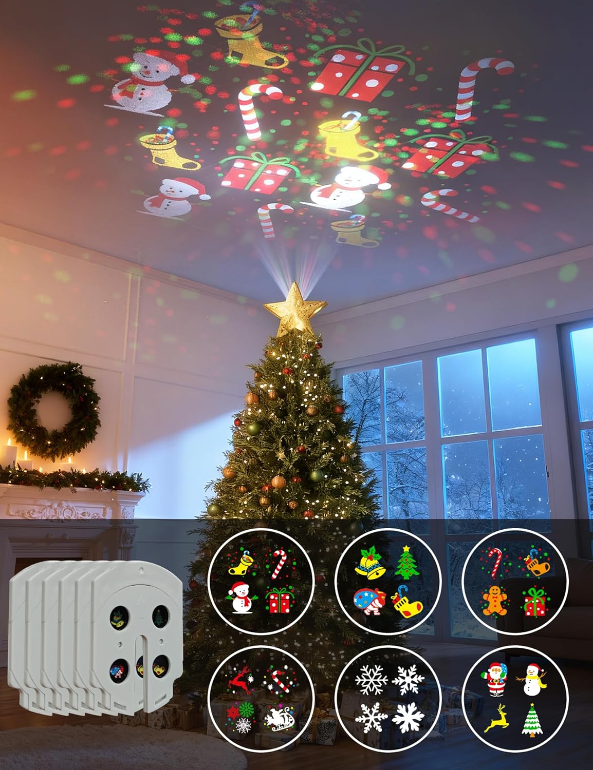DG-Direct Christmas Tree Topper Lighted Star with 6 Projected Patterns,3D Hollow Sparkling Star Christmas Tree Topper with Rotating Magic Projector for Christmas Tree Ornament