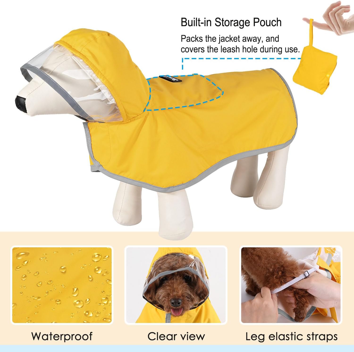 Dog raincoat, adjustable dog rain jacket with transparent hooded double-layer design, suitable for large, medium-sized and small dogs, waterproof rain cape, with reflective storage bag and edges