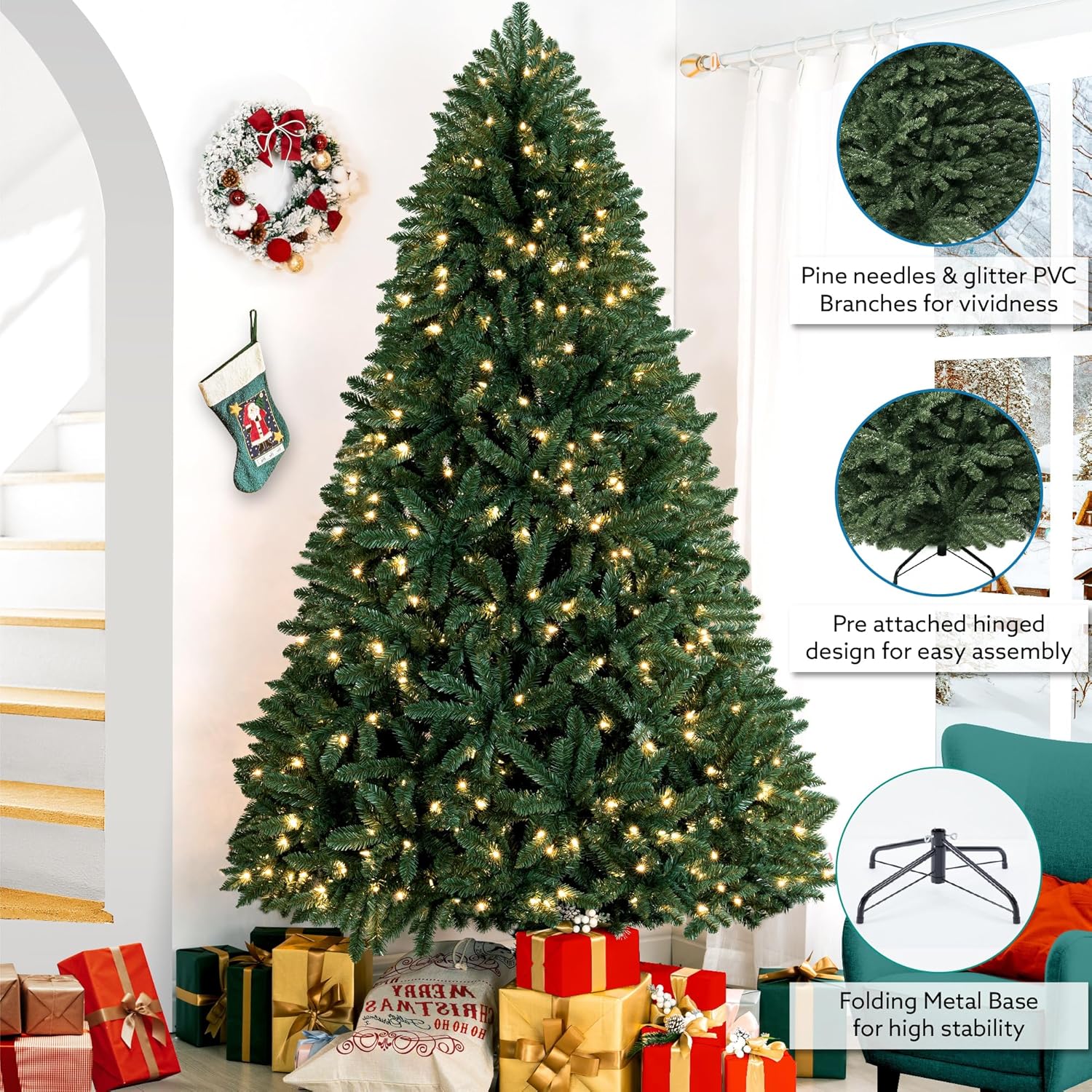 Prague 4.5ft Prelit Artificial Christmas Tree with Foot Pedal, 674 Branch Tips, 250 Warm Lights and Metal Stand, 39