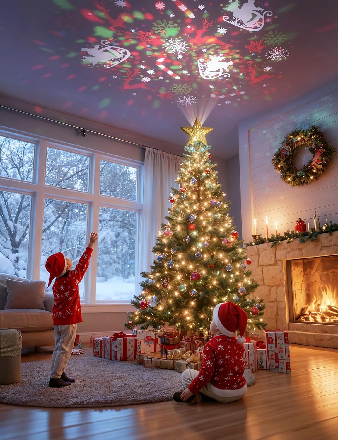 DG-Direct Christmas Tree Topper Lighted Star with 6 Projected Patterns,3D Hollow Sparkling Star Christmas Tree Topper with Rotating Magic Projector for Christmas Tree Ornament