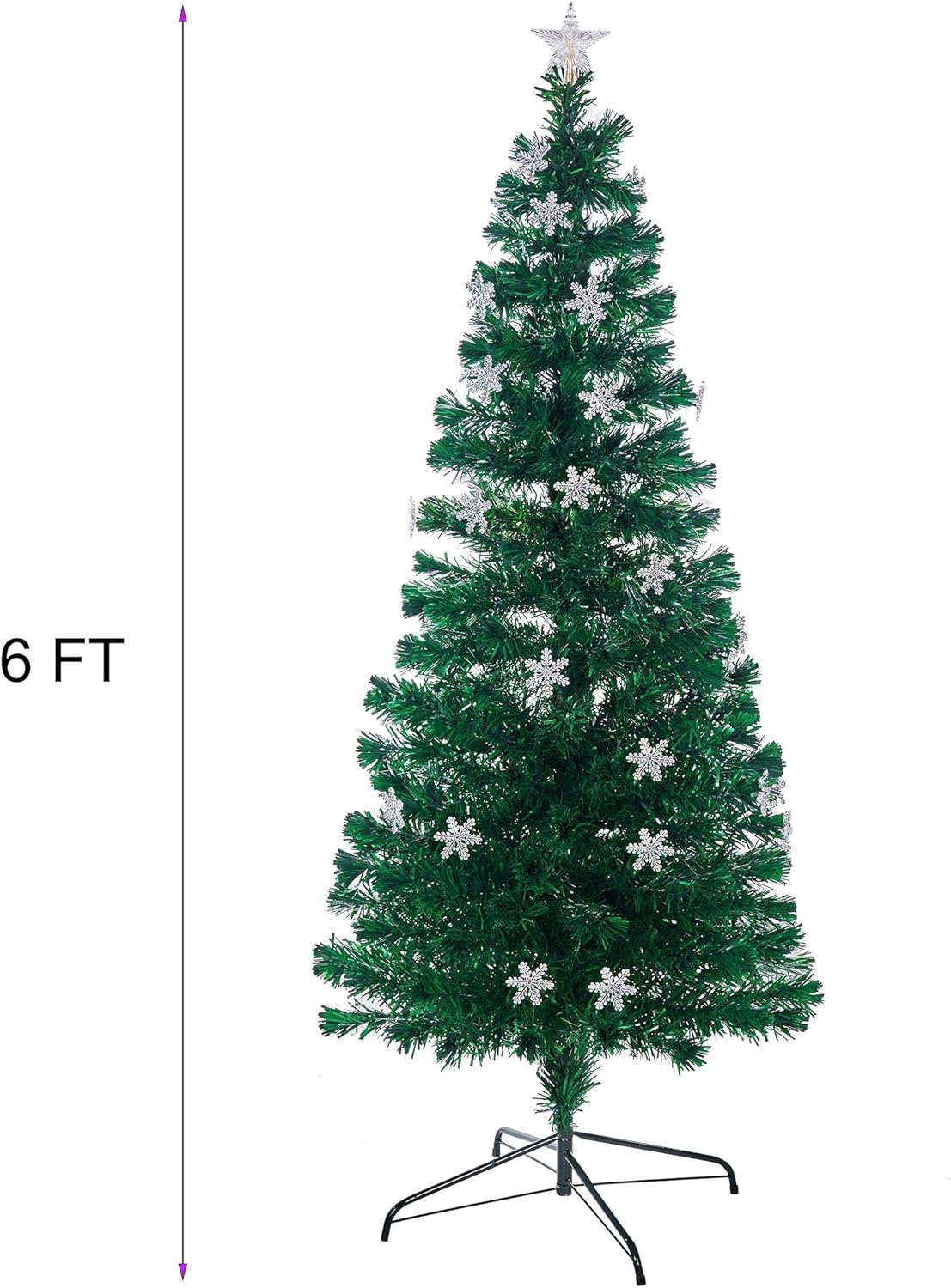 JYSK 6 ft Pre-Lit Optical Fiber Christmas Artificial Tree, RGB Color Changing LED Lights, Snowflakes & Top Star, Fake Xmas Tree with Metal Legs