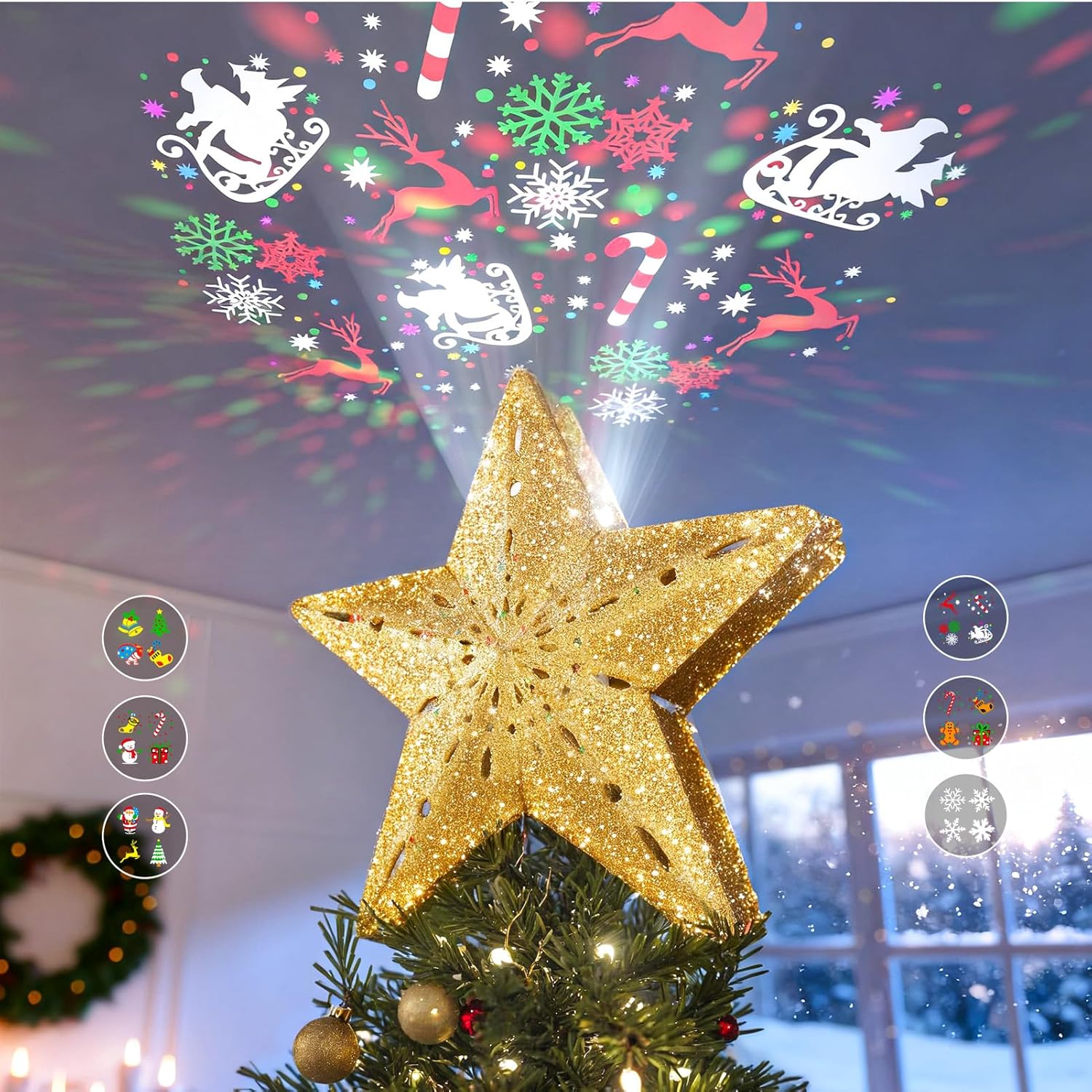 DG-Direct Christmas Tree Topper Lighted Star with 6 Projected Patterns,3D Hollow Sparkling Star Christmas Tree Topper with Rotating Magic Projector for Christmas Tree Ornament
