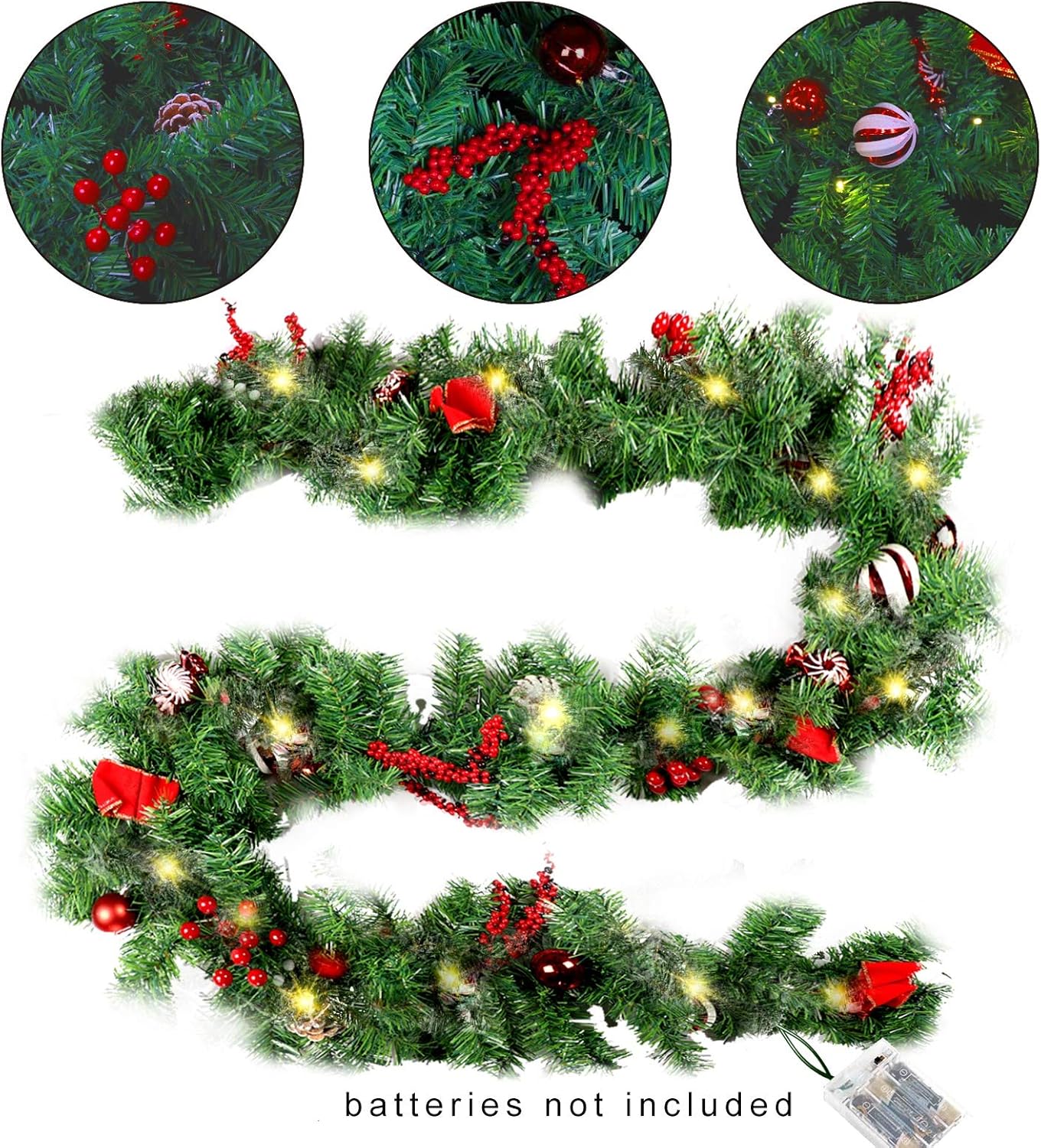 MorTime 9 FT LED Christmas Garland with Pinecones Red Berries Bows Christmas Balls Candies, Multi-Function Christmas Garland with 50 Warm White LED Lights, 180 Branch Tips