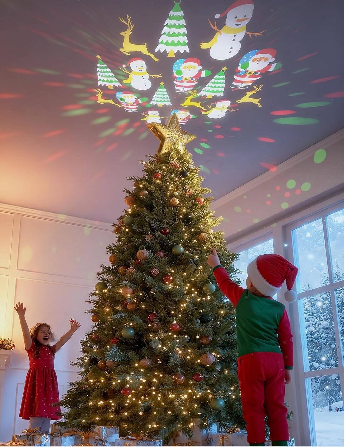 DG-Direct Christmas Tree Topper Lighted Star with 6 Projected Patterns,3D Hollow Sparkling Star Christmas Tree Topper with Rotating Magic Projector for Christmas Tree Ornament