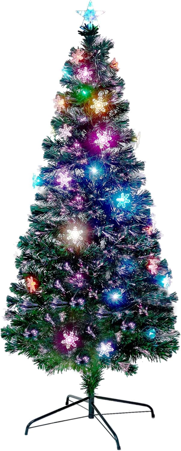 JYSK 6 ft Pre-Lit Optical Fiber Christmas Artificial Tree, RGB Color Changing LED Lights, Snowflakes & Top Star, Fake Xmas Tree with Metal Legs