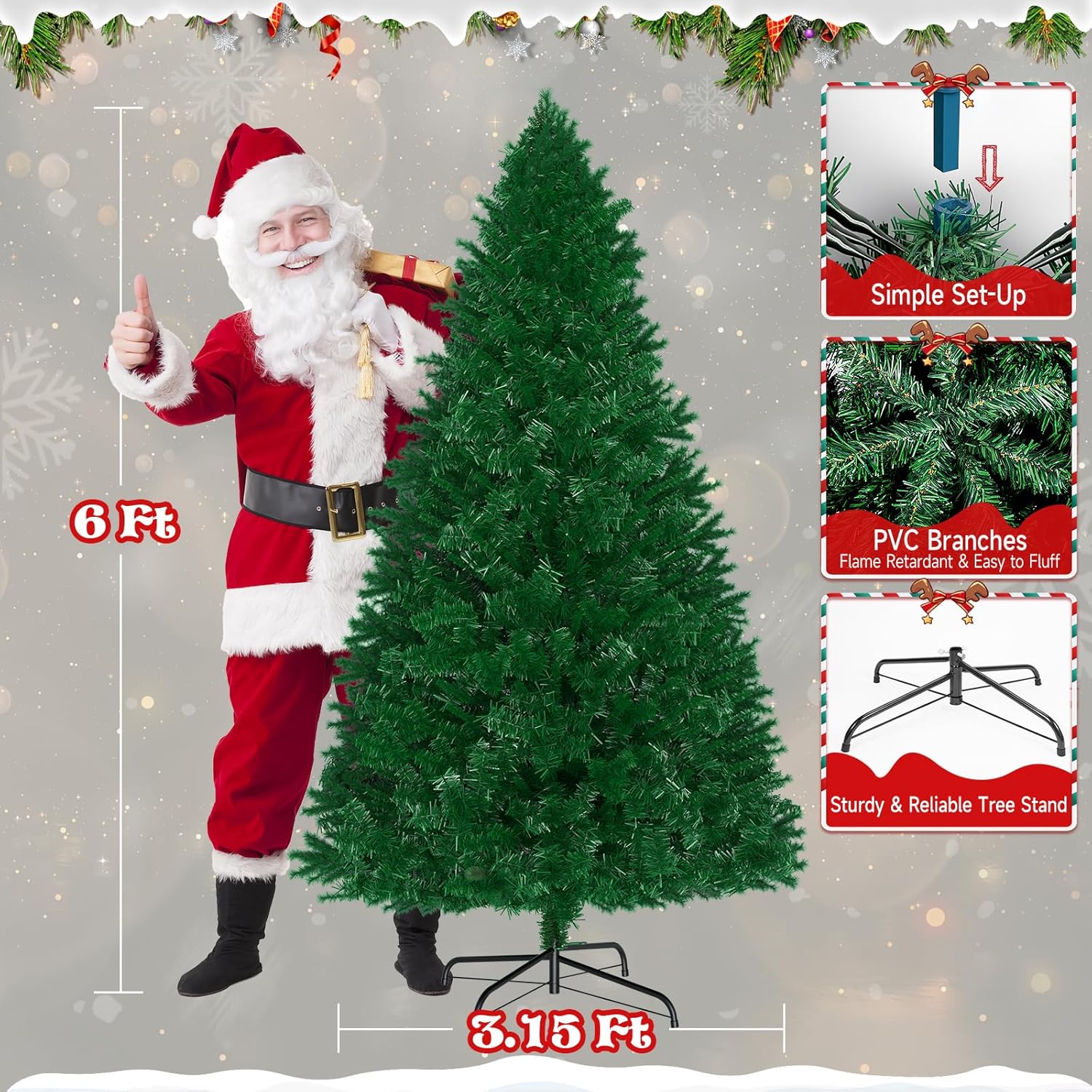 Premium Pre-Lit 6FT Classic Artificial Holiday Christmas Tree w/1,000 Branch Tips,250 LED Lights for Home,Office,Party Decoration