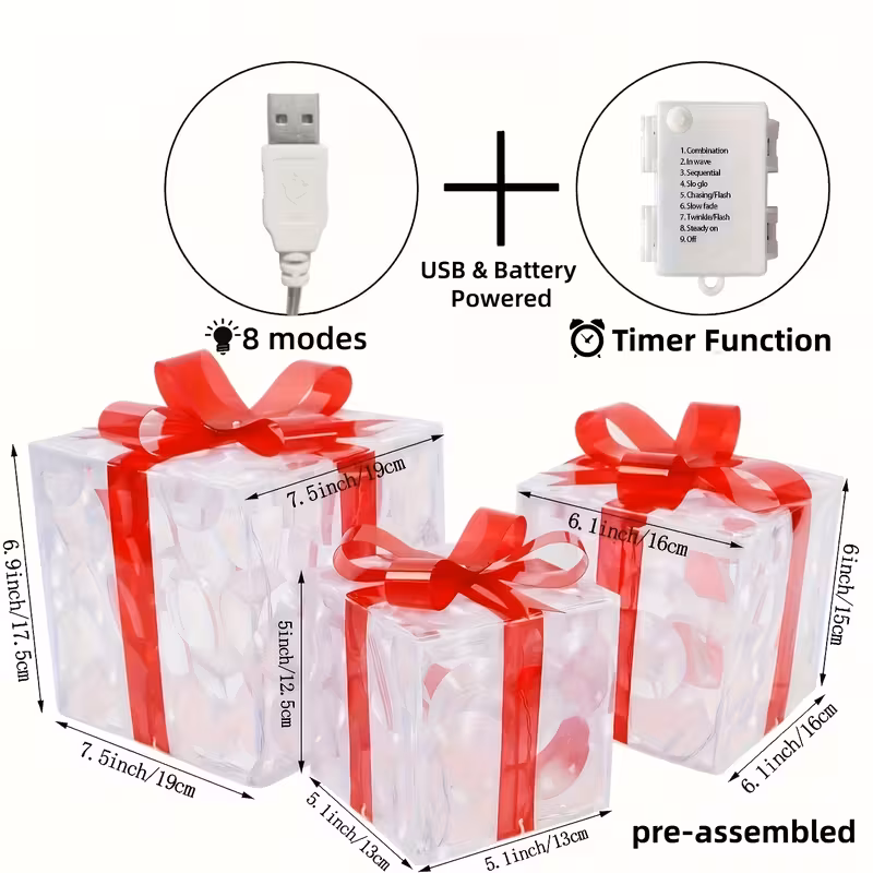 Christmas glowing gift box, transparent lighting decorative Christmas gift box, red bow Christmas tree, garden, home and outdoor decoration gift box, set of three