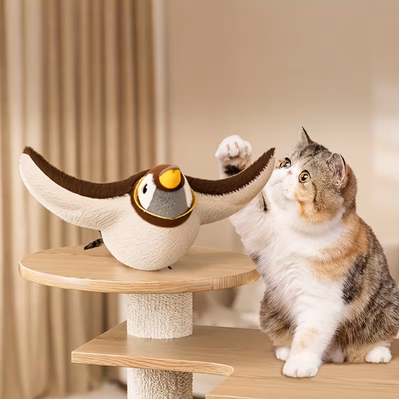 Pet cats and dogs use electric plush cat toys for play. They are modeled after birds and have artificial feathers for tails.