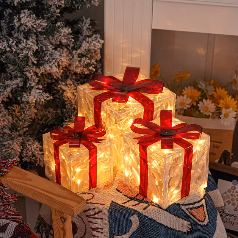 Christmas glowing gift box, transparent lighting decorative Christmas gift box, red bow Christmas tree, garden, home and outdoor decoration gift box, set of three